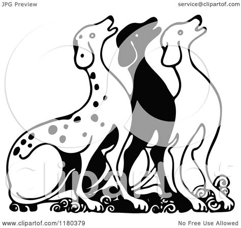 Clipart Of A Retro Vintage Black And White Dog Trio Royalty Free