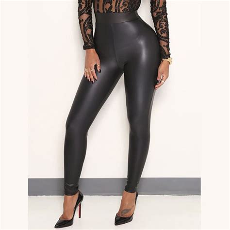 sexy women ladies empire pu leather black high waist leggings pants stretch slim skinny pencil