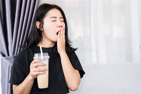 Closeup Asian Woman Yawning Feeling Sleepy After Drinking Coffee Tired