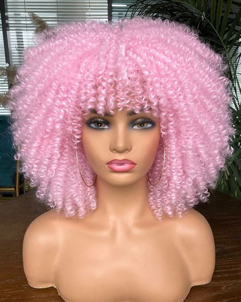 short curly wig with bnags for black women light pink kinky etsy