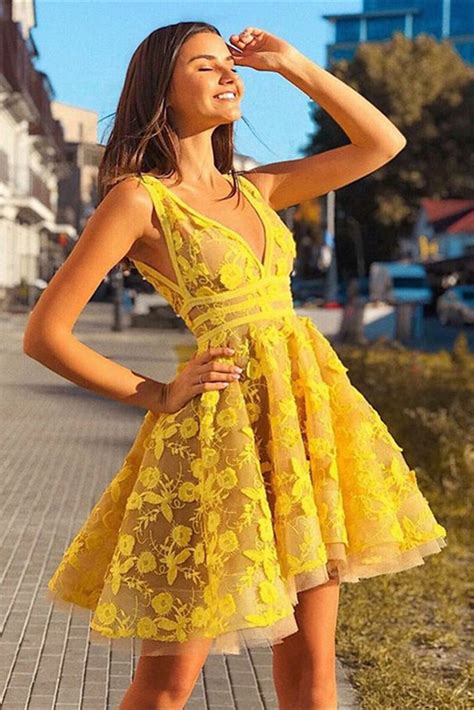 Yellow A Line V Neck Lace Homecoming Dresses Short Prom Dresses Yello