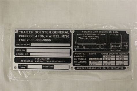 Trailer Bolster Identification Plate Nsn 9905 00 798 1208 New Ebay