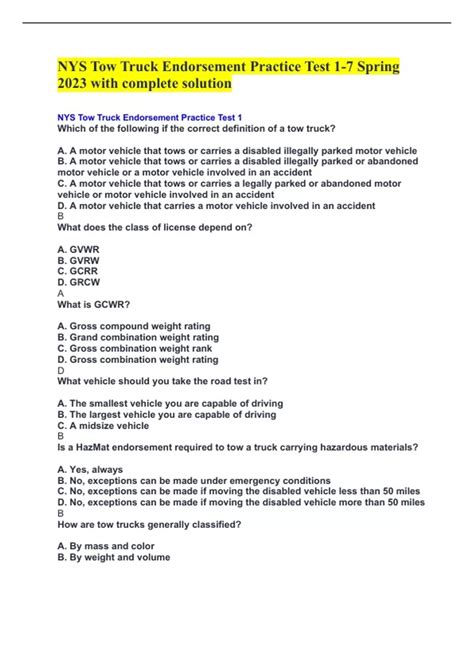 NYS Tow Truck Endorsement Practice Test 1-7 Spring 2023 with complete