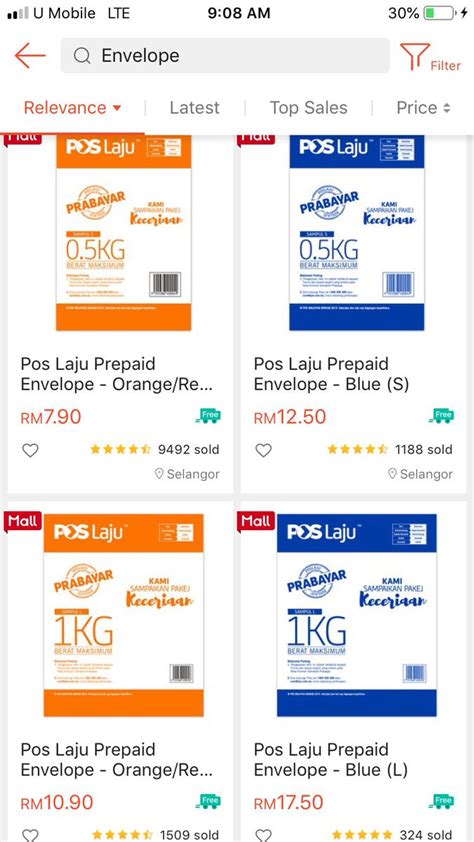 Kotak dan sampul prabayar berwarna biru adalah kegunaan pengeposan semenanjung ke sabah, semenanjung ke sarawak dan sabah ke sarawak. Harga Plastik Pos Laju 2020