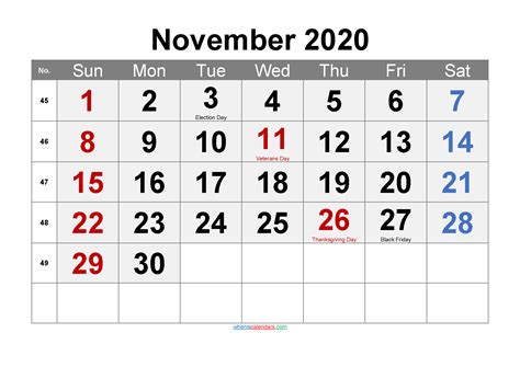 Printable November 2020 Calendar Pdf Template Noar20m71
