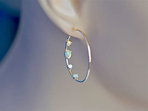 Genuine Opal Diamond Large Hoop Earrings Kt Gold October Etsy