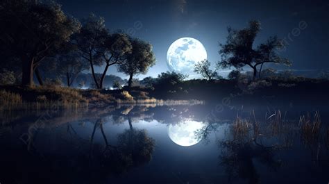 The Full Moon Reflecting On A Lake And Trees In The Night Background