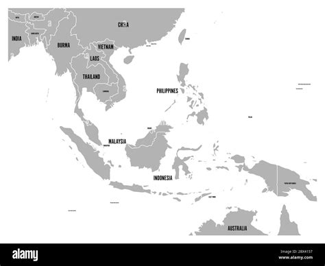 South East Asia Political Map Grey Land On White Background With Black