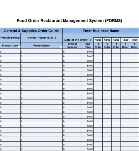 Explore Our Image of Restaurant Food Order Form Template | Spreadsheet
