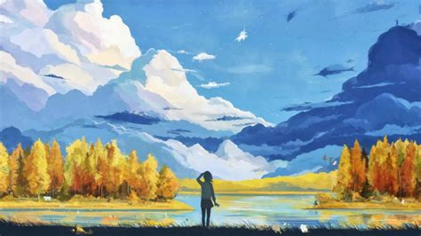 Wallpaper Landscape Painting Fall Anime Girls Reflection Sky