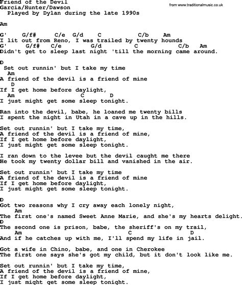 Bob Dylan Song Friend Of The Devil Lyrics And Chords