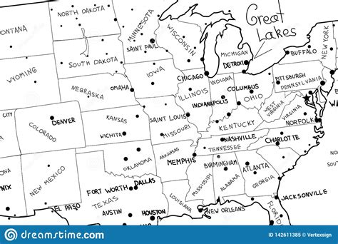 Ejemplo Drawned Mano Del Vector Del Mapa De Los Estados Unidos De Am