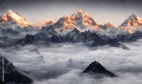 View Of The Himalayas During A Foggy Sunset Night Mt Everest Visible Through The Fog With