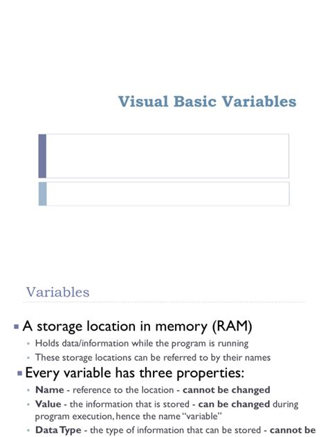 Visual basic is a simple programming language developed from an earlier dos version or a similar program called basic. Visual Basic Variables | Data Type | Variable (Computer ...