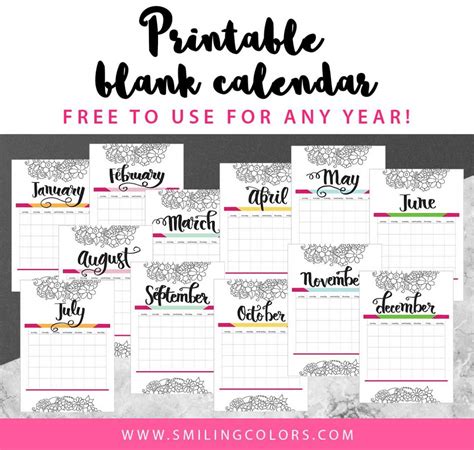Printable Blank Calendar Free To Use For Any Year