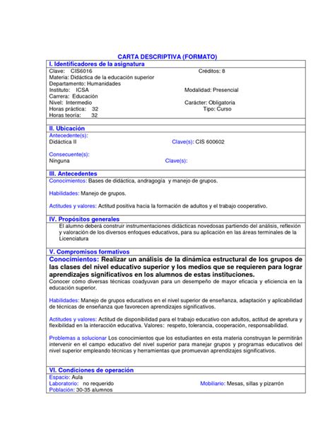 Carta Descriptiva Ejemplo Modelo Y Estructura De Una Carta Descriptiva Utilizada En La