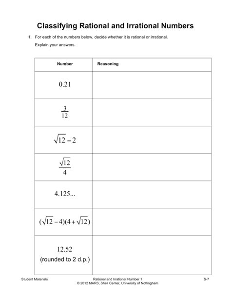 Classifying Rational And Irrational Numbers Worksheets