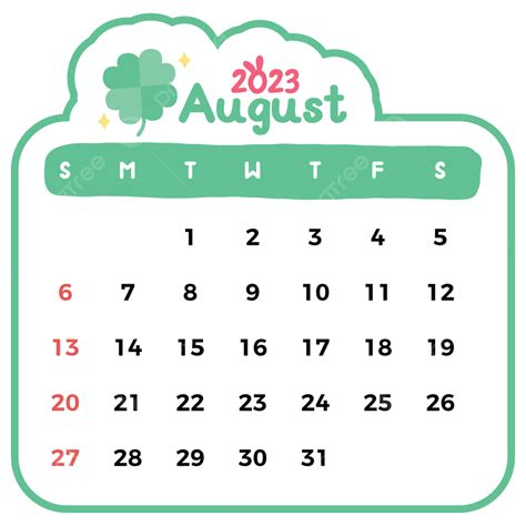 Cute Calendar August 2023 Vector Illustration August 2023 August Monthly Calendar Png And