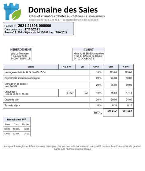 Imprimable Exemple Facture Gite Modele De Facture Location Appartement