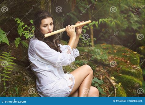 Beautiful Woman Playing Flute After The Rain Stock Image Image Of
