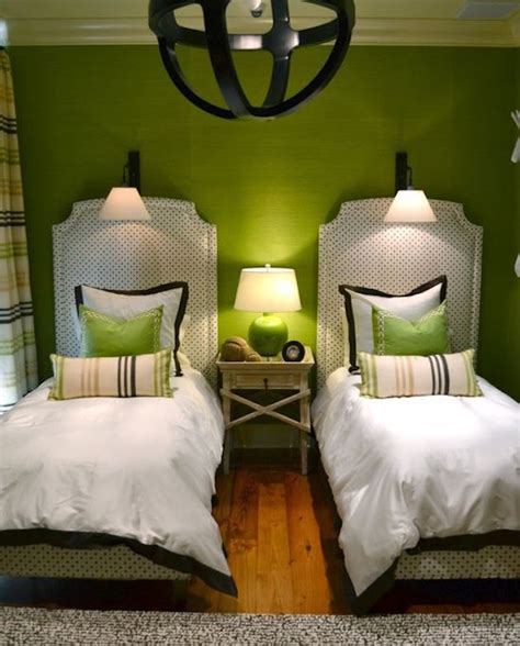 Green Guest Room With Matching Accent Pillows For Twin Beds