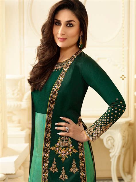 Buy Kareena Kapoor Bottle Green Georgette Straight Cut Salwar Kameez In