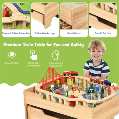 Gymax Wooden Kids Train Track Railway Set Table W100 Pieces Storage