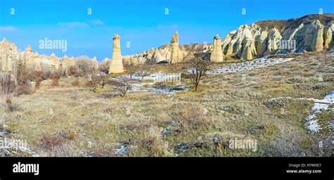 The Famous Cappadocian Landscape With High And Thin Rocks Turkey Stock