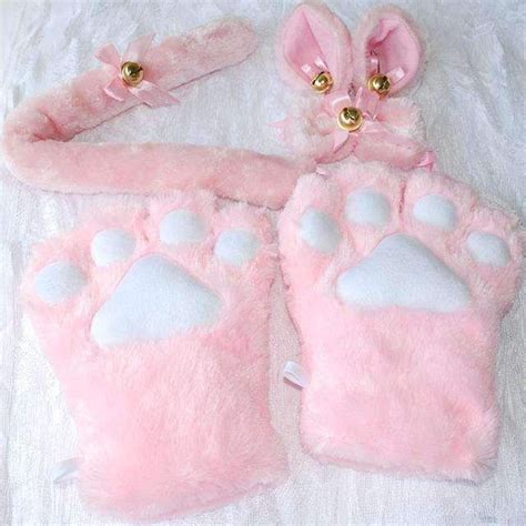 1 Set New Anime Cosplay Costume Gloves Sweet Cat Ears Plush Paw Claw Gloves Tail Bow Tie