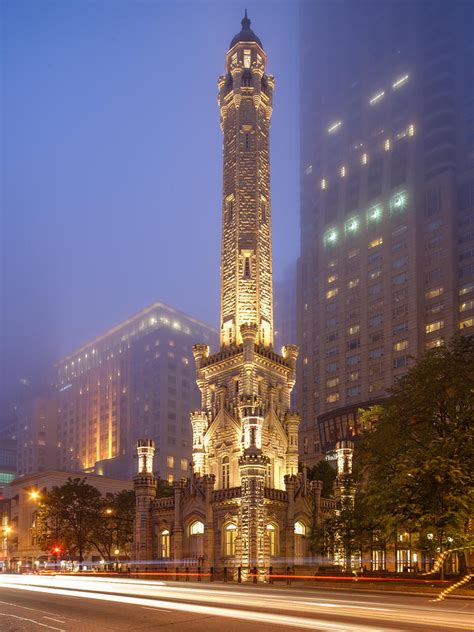 Chicago Historic Water Tower On Michigan Avenue Foggy Twilight