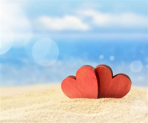 Two Red Hearts On The Summer Beach Stock Photo Image Of Holy