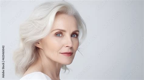 Beautiful Gorgeous Middle Aged 50s Mature Woman With Gray Long Hair Looking At Camera Isolated