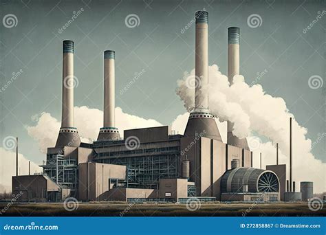 Centrale Elettrica Con Alti Impianti Di Fumo E Turbine Industriali Moderne Illustrazione Di