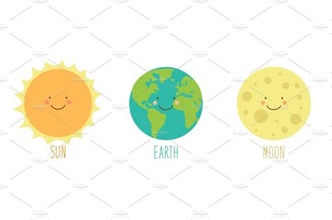 Cute Smiling Cartoon Characters Of Sun Earth And Moon