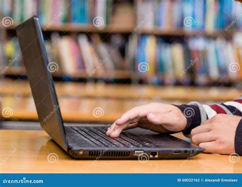 Hands Typing On Notebook In Library Stock Photo Image Of Modern