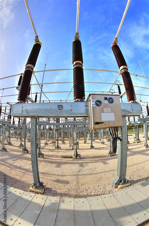 High Voltage Switchyard In Electrical Substation In Fisheye Perspective