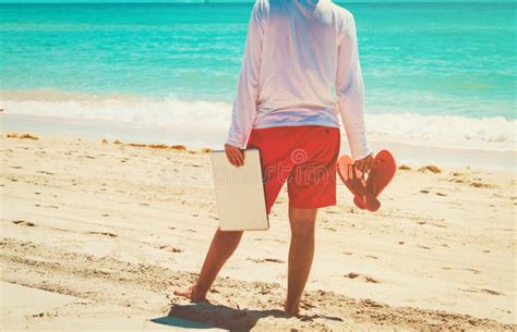Young Man With Laptop On Summer Beach Stock Photo Image Of Freelancer