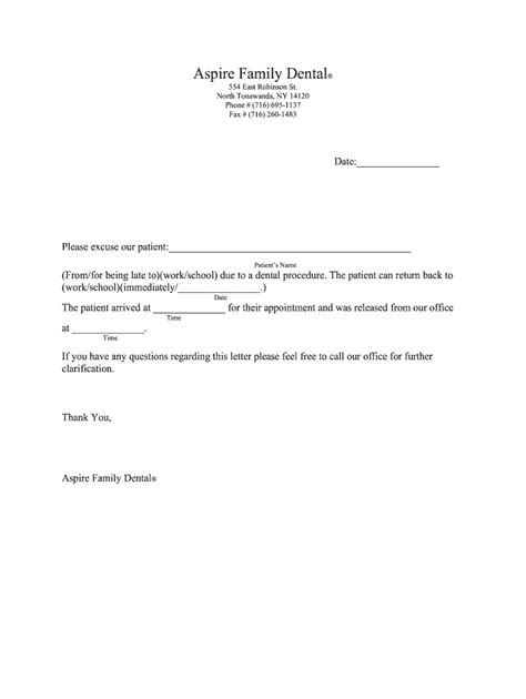 Dentist Note For Work Template