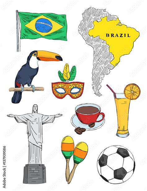 Brazil Vector Illustration Set Brazil Map And Symbols Sketch Drawings