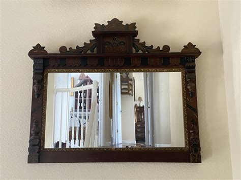 Eastlake Style Antique Rectangular Mirror With Wood Carvings And Varied