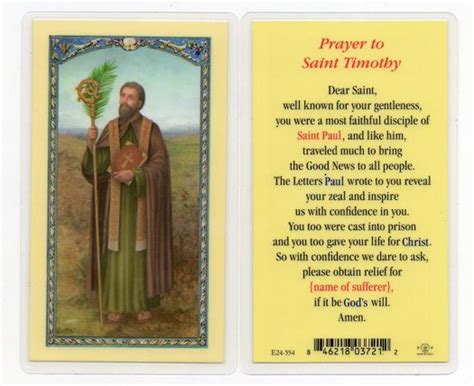 The process of being named a saint is canonization, a long and complicated process. prayer card for st. timothy | card wholesale customers ...