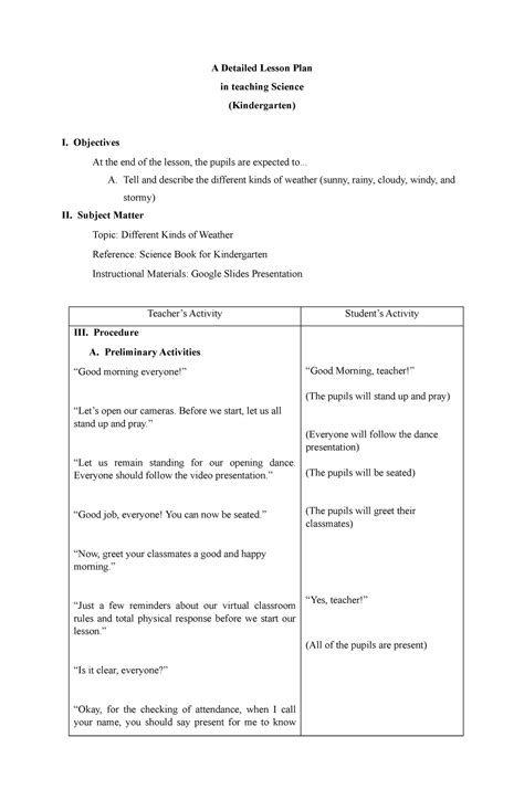 Detailed Lesson Plan Science Kindergarten Different Kinds Of Weather