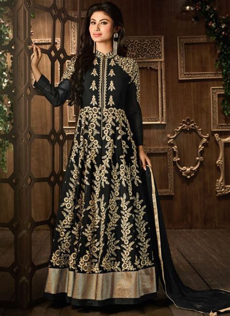 Party Wear Anarkali Black And Gold Color Georgette Embroidered Party