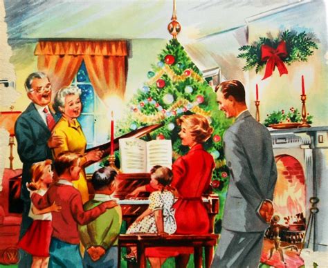 Christmas card messages, sayings, and ideas to make the most of your greeting to friends and family members. 1950's The Family Singing Around the Piano Christmas Tree Vintage Christmas Card | #1732064771