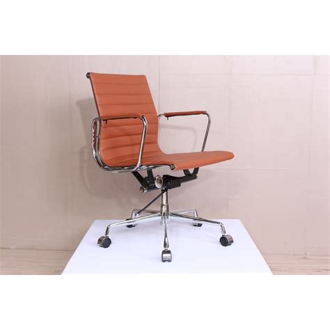 Office Chair Low Back Ribbed Cognac Brown Leather
