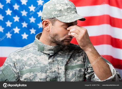 Sad Military Man Uniform Cap Wiping Tears While Crying American Stock