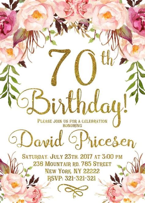 70th Birthday Invitation for women, 70th Birthday Invitation, 70th