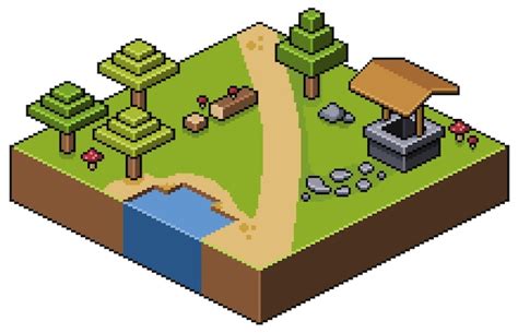 Premium Vector Pixel Art Isometric Landscape Forest With Trees Road