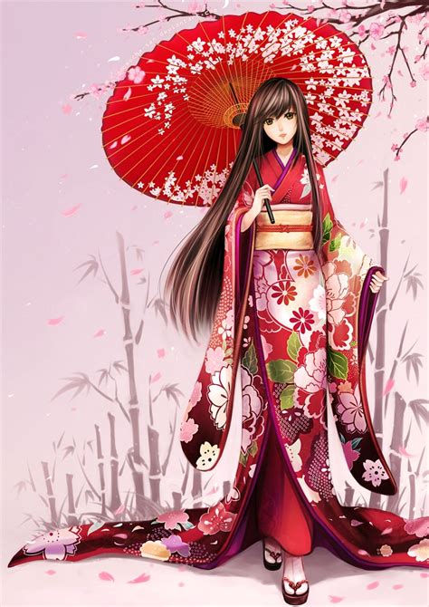 A Woman In A Kimono Holding An Umbrella And Standing Under A Cherry