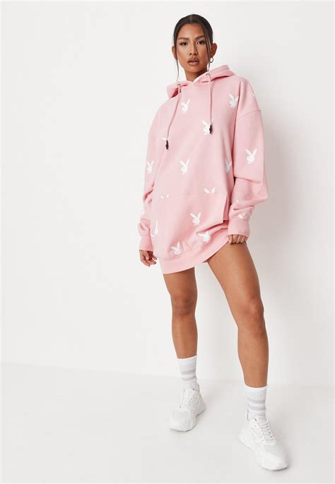 Playboy X Missguided Pink Extreme Oversized Repeat Print Hoodie Dress